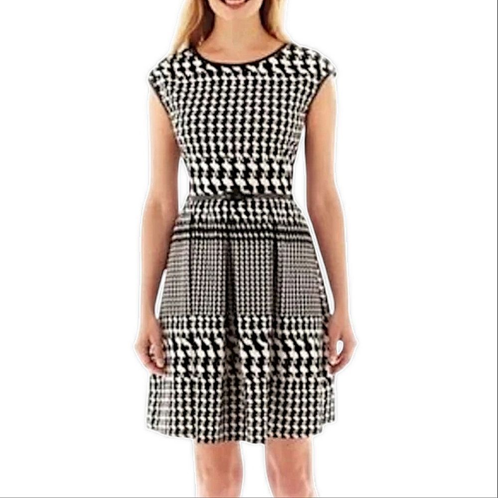 Tiana B. Houndstooth Black & White Pleated Sleeveless Leather Trim Dress